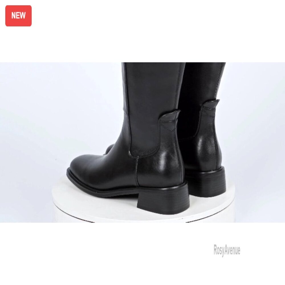Knee High Faux Leather Boots Low Heel Square Toe Side Zipper Stretch Tall Boots - Picture 6 of 6